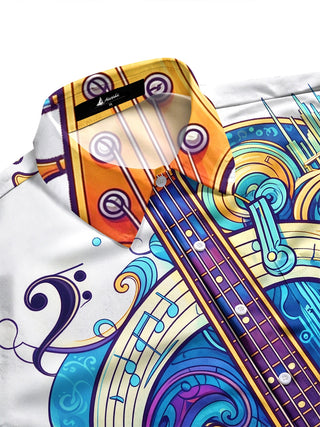 Adaychic Men's Long Sleeve Shirt - Psychedelic Bass Guitar And Musical Notes Print with Chest Pocket