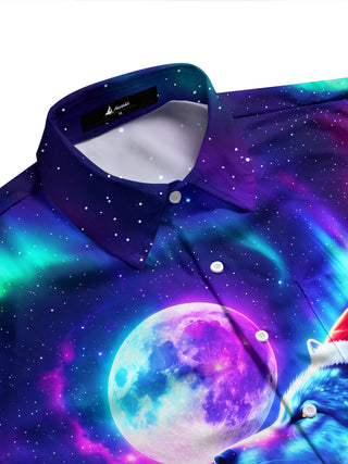 Adaychic Men's Wolf With Santa Hat And Christmas Scarf Print Long Sleeve Shirt with Chest Pocket