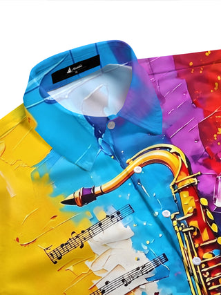 Adaychic Men's Graphic Saxophone Print Musical Notes Print Short Sleeve Shirt with Chest Pocket