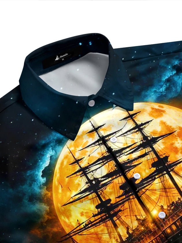 Adaychic Men's Vintage Style Sailing Ship Silhouette Print Short Sleeve Shirt with Chest Pocket