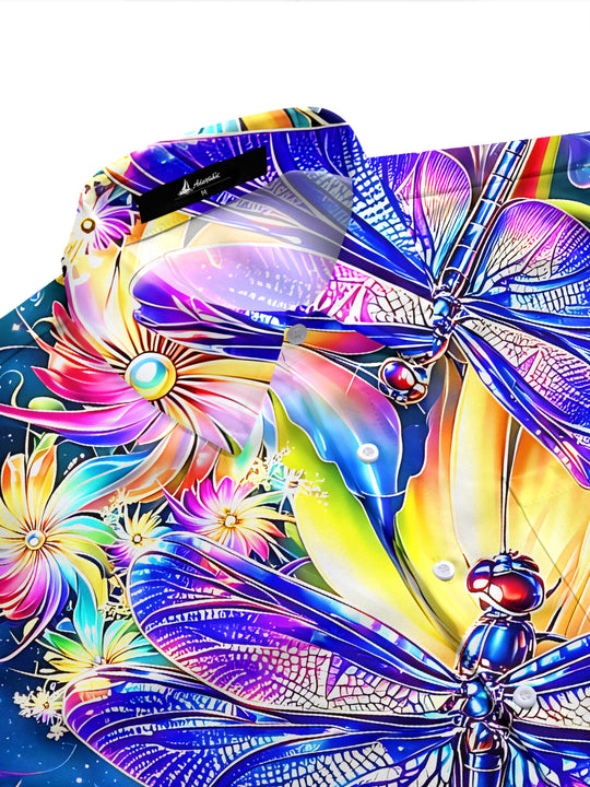Adaychic Men's Hawaiian Neon Dragonfly Print Floral Pattern Short Sleeve Shirt with Chest Pocket