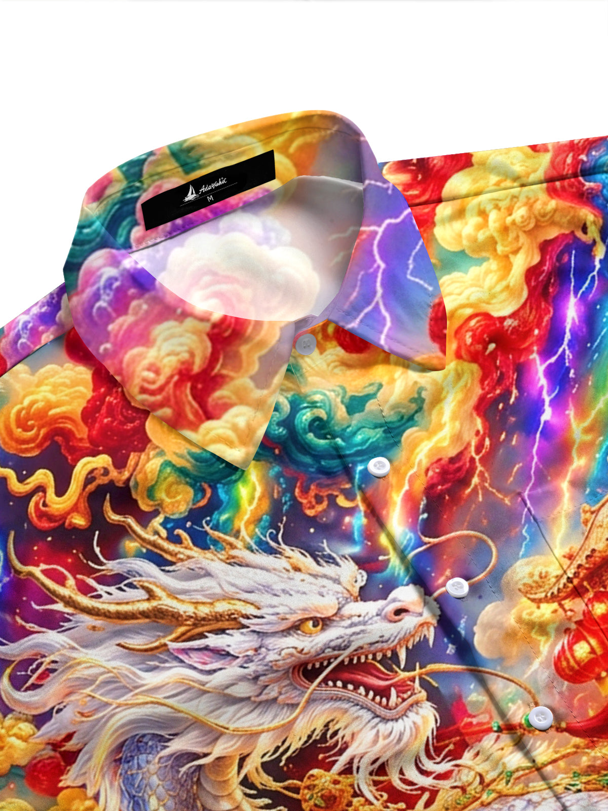 Adaychic Men's Long Sleeve Shirt - White Dragon And Golden Cart With Red Lanterns Print with Chest Pocket