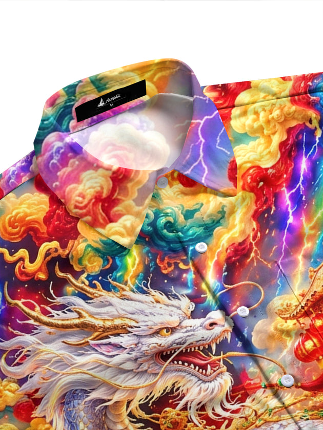 Adaychic Men's Long Sleeve Shirt - White Dragon And Golden Cart With Red Lanterns Print with Chest Pocket