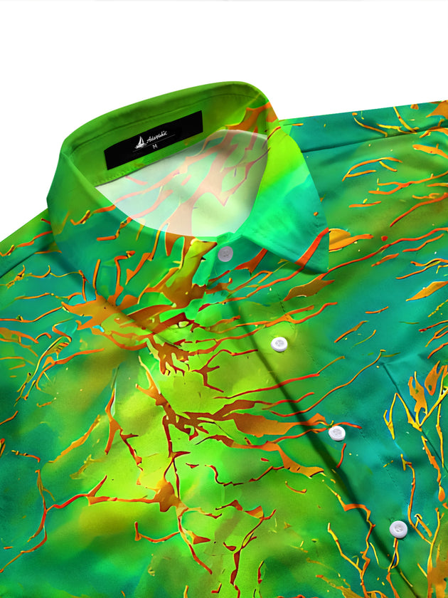 Adaychic Men's Printed Abstract Green And Orange Veins Print Long Sleeve Shirt with Chest Pocket