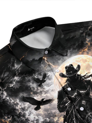 Adaychic Men's Short Sleeve Shirt - Halloween Dark Fantasy Landscape Print Cowboy On Horseback With Wolves And Crows Print