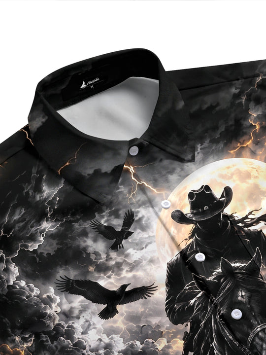 Adaychic Men's Short Sleeve Shirt - Halloween Dark Fantasy Landscape Print Cowboy On Horseback With Wolves And Crows Print