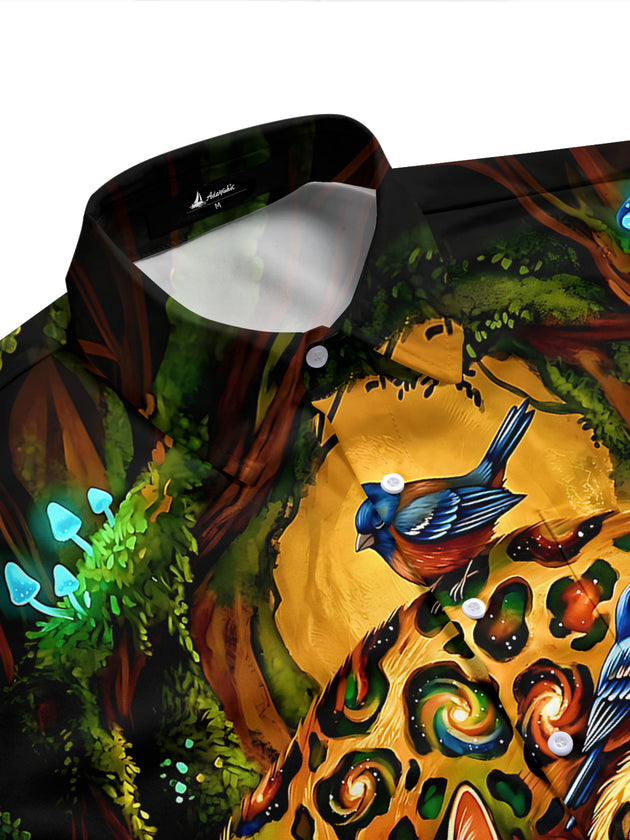 Adaychic Men's Hawaiian Forest Leopard Cat Print Short Sleeve Shirt with Chest Pocket