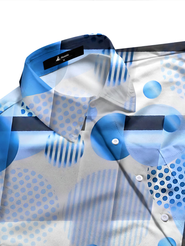 Adaychic Men's Printed Blue Geometric Circles Print Long Sleeve Shirt with Chest Pocket