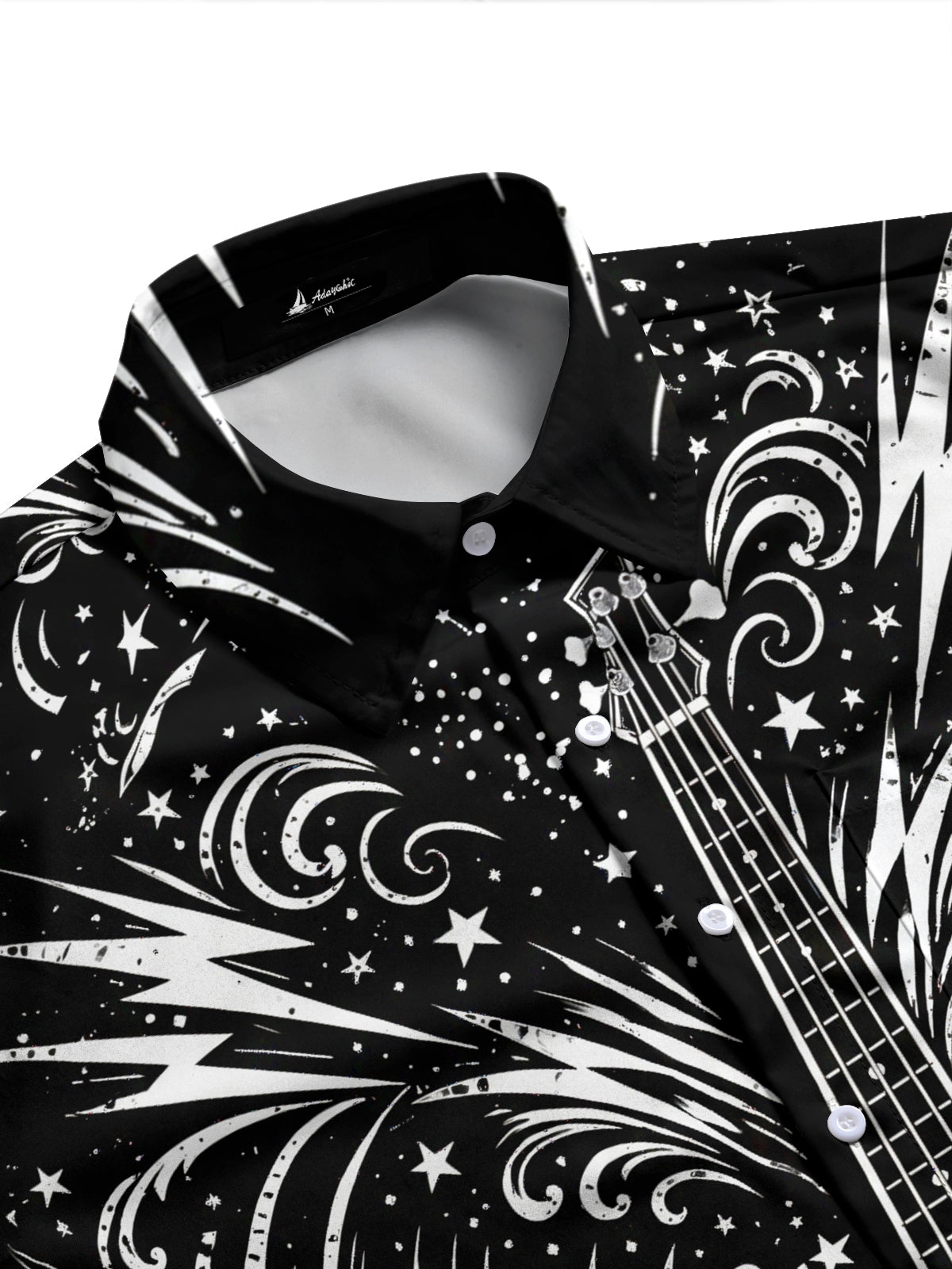 Adaychic Men's Bass Guitar With Stars And Lightning Print Long Sleeve Shirt with Chest Pocket