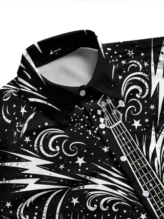 Adaychic Men's Bass Guitar With Stars And Lightning Print Long Sleeve Shirt with Chest Pocket