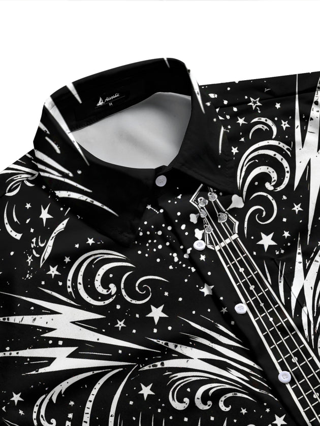 Adaychic Men's Bass Guitar With Stars And Lightning Print Long Sleeve Shirt with Chest Pocket