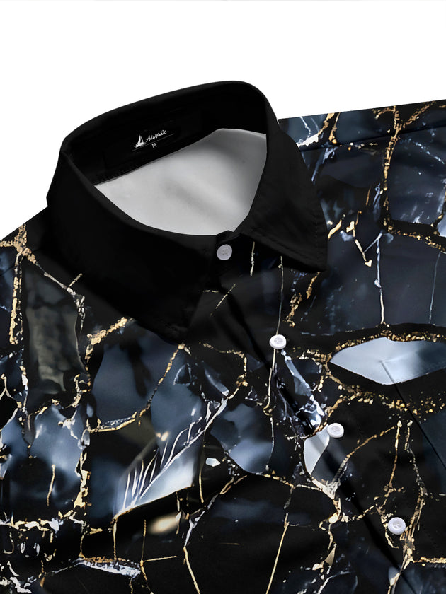 Adaychic Men's Patterned Black Marble Print Short Sleeve Shirt with Chest Pocket