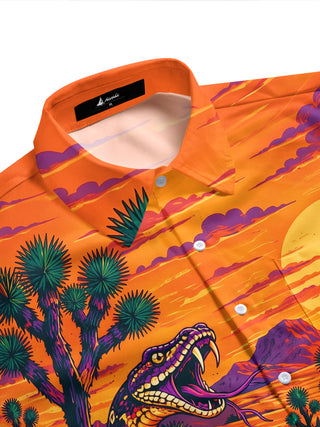 Adaychic Men's Short Sleeve Shirt - Desert Snake And Lizard Sunset Landscape Print with Chest Pocket