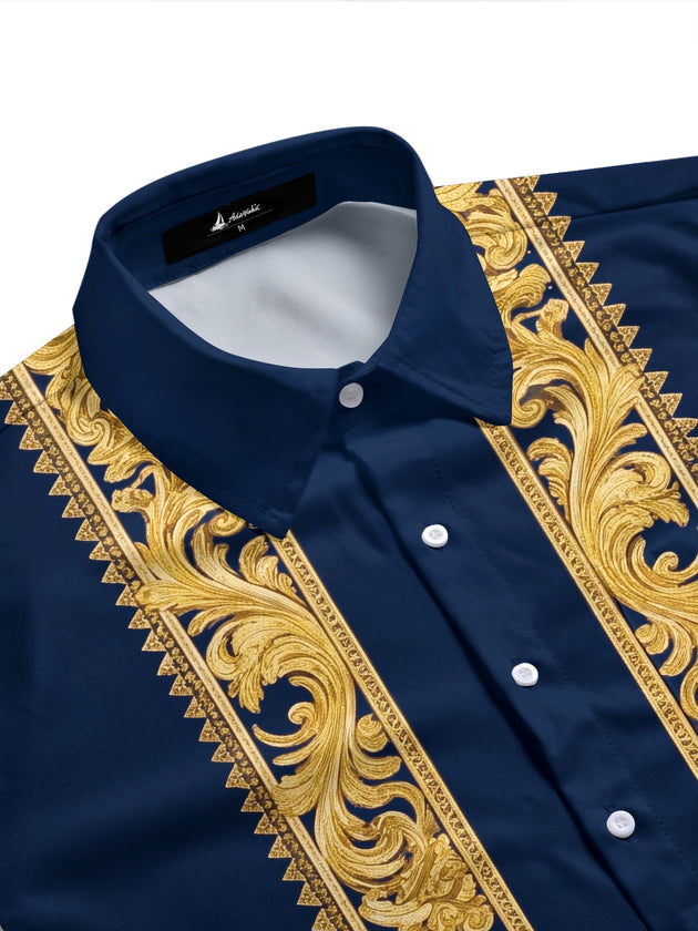 Adaychic Men's Graphic Gold Baroque Scroll Pattern Print Short Sleeve Button Down Shirt with Chest Pocket