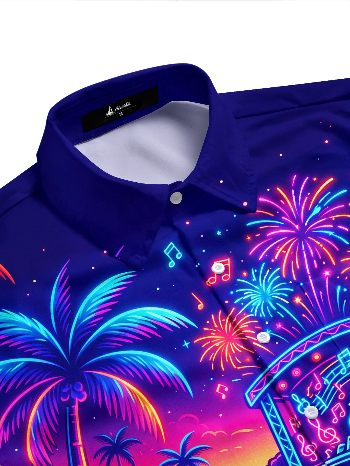 Adaychic Men's Hawaiian Neon Palm Trees And Fireworks Print Short Sleeve Shirt with Chest Pocket