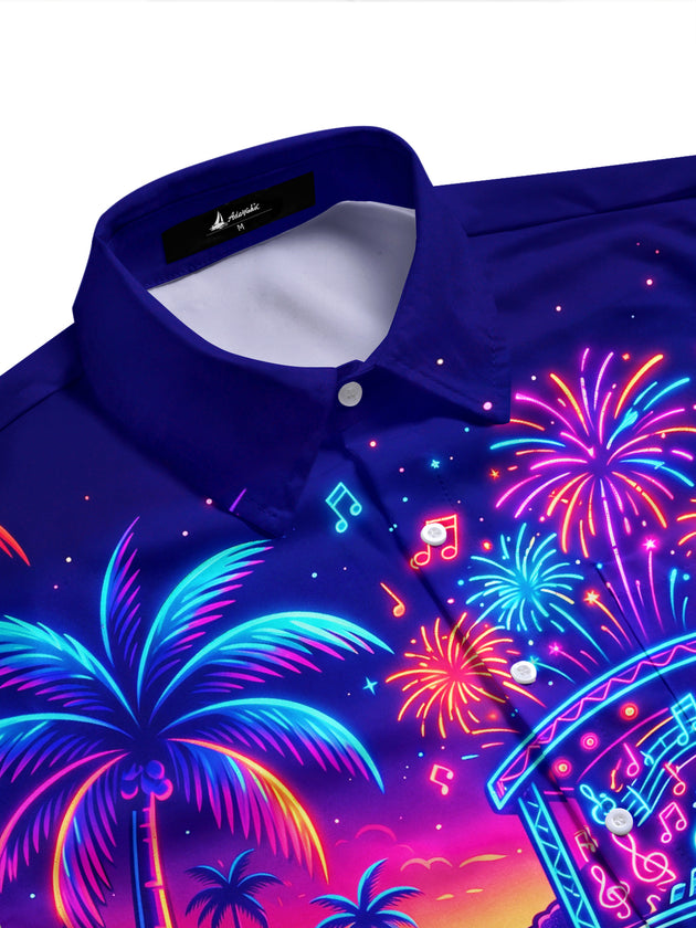 Adaychic Men's Hawaiian Neon Palm Trees And Fireworks Print Short Sleeve Shirt with Chest Pocket