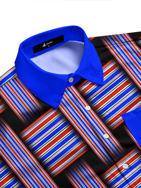 Adaychic Men's Striped Geometric Weave Stripes Print Long Sleeve Shirt with Chest Pocket