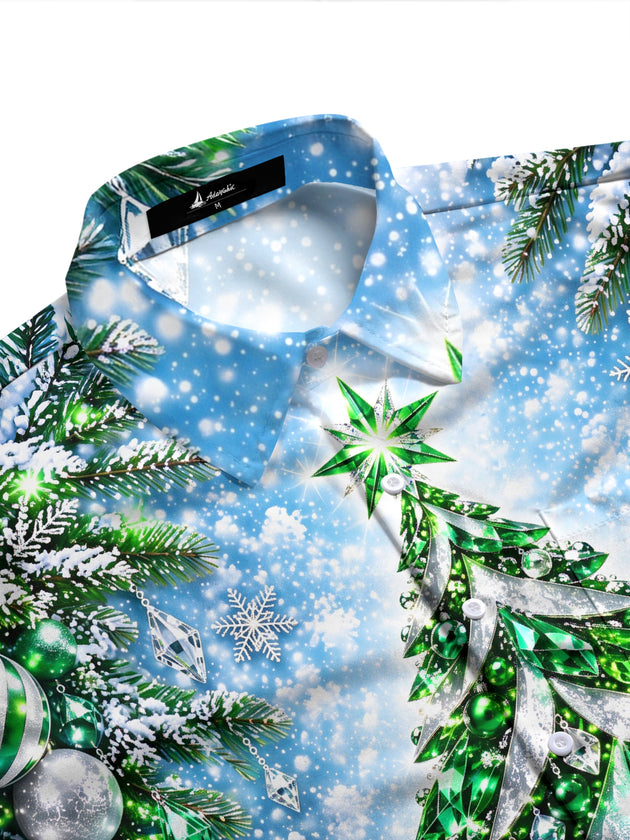 Adaychic Men's Long Sleeve Shirt - Christmas Tree With Ornaments And Snowflakes Print with Chest Pocket