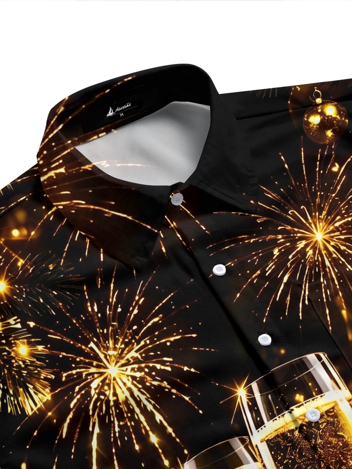 Adaychic Men's Short Sleeve Shirt - Christmas Ornaments And Pine Branches Print New Year New Year Champagne Toast With Fireworks Print