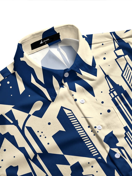 Adaychic Men's Printed Geometric City Skyline Print Long Sleeve Shirt with Chest Pocket