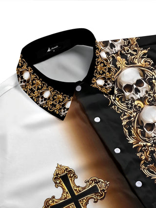 Adaychic Men's Skull And Cross Ornament Print Short Sleeve Shirt with Chest Pocket