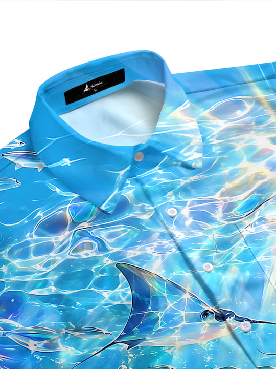Adaychic Men's Hawaiian Manta Ray Print Ocean Water Print Short Sleeve Shirt with Chest Pocket