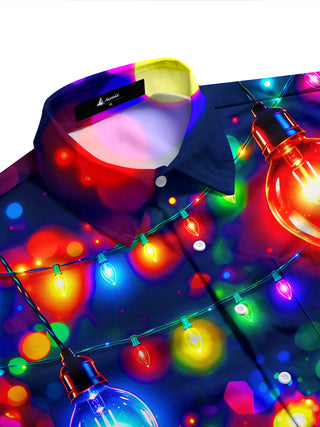 Adaychic Men's Colorful Christmas Light Bulbs And Bokeh Print Long Sleeve Shirt with Chest Pocket