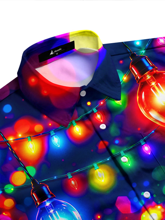 Adaychic Men's Colorful Christmas Light Bulbs And Bokeh Print Long Sleeve Shirt with Chest Pocket