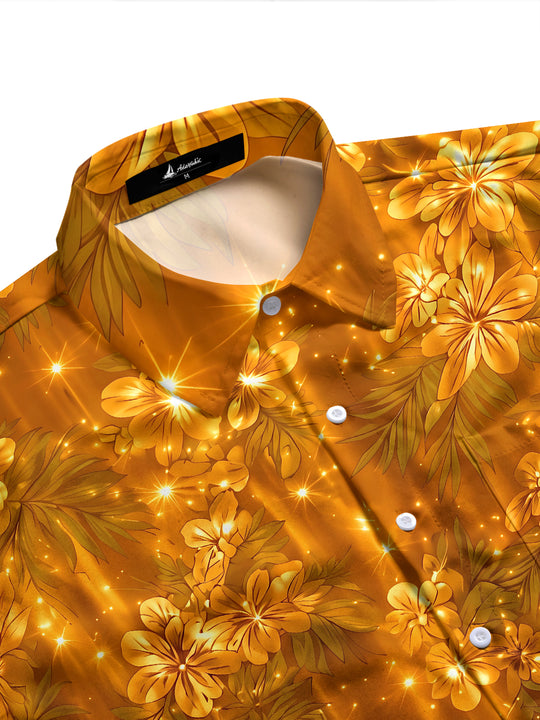 Adaychic Men's Golden Floral Leaves And Sparkles Print Long Sleeve Shirt with Chest Pocket