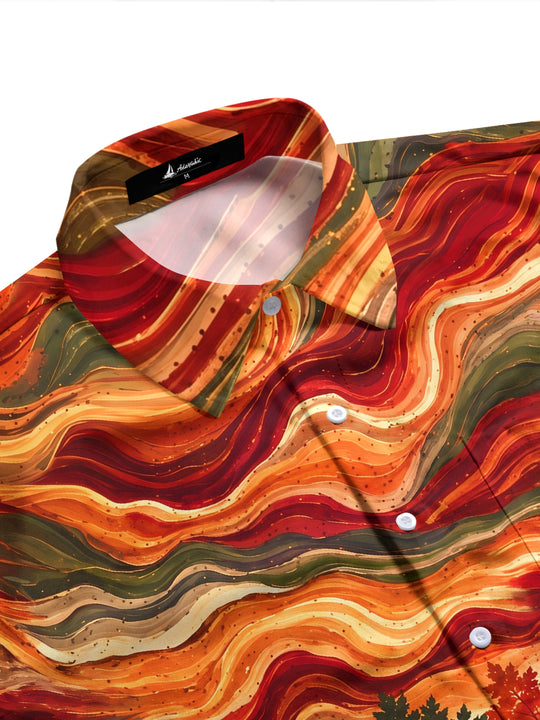 Adaychic Men's Autumn Maple Leaves And Wavy Lines Print Long Sleeve Shirt with Chest Pocket