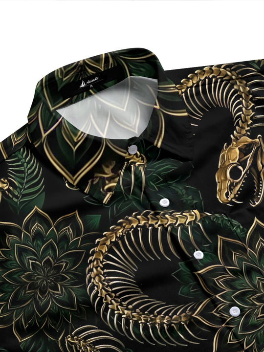 Adaychic Men's Snake Skeleton And Floral Mandala Print Long Sleeve Shirt with Chest Pocket