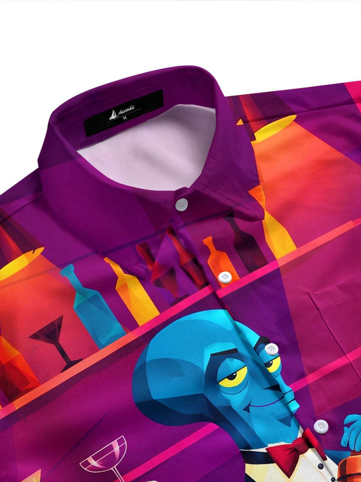 Adaychic Men's Graphic Octopus Bartender Print Short Sleeve Stand Collar Shirt with Chest Pocket