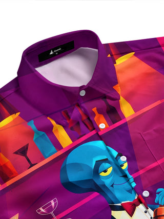 Adaychic Men's Graphic Octopus Bartender Print Short Sleeve Stand Collar Shirt with Chest Pocket