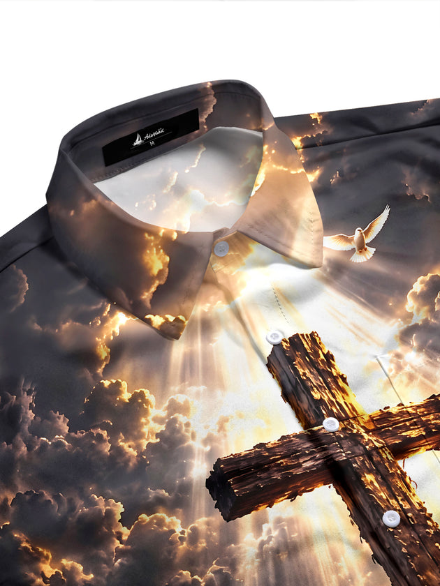 Adaychic Men's Graphic Wooden Cross And Eagle Print Long Sleeve Shirt with Chest Pocket