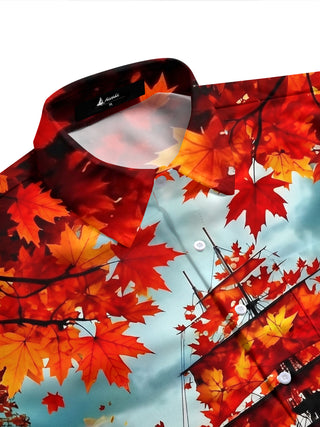 Adaychic Men's Hawaiian Autumn Maple Leaves Print Short Sleeve Shirt with Chest Pocket