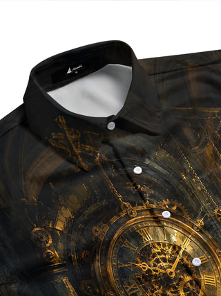 Adaychic Men's Vintage Style Steampunk Clock Print Short Sleeve Shirt with Chest Pocket