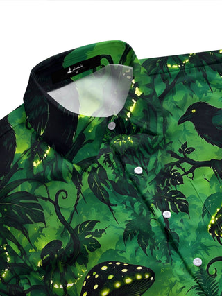 Adaychic Men's Glowing Forest Mushrooms And Crows Print Short Sleeve Shirt with Chest Pocket