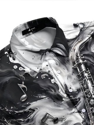 Adaychic Men's Graphic Saxophone And Musical Notes Print Long Sleeve Shirt with Chest Pocket