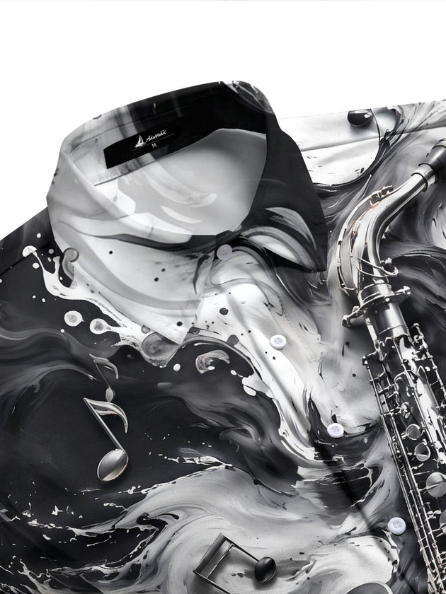 Adaychic Men's Graphic Saxophone And Musical Notes Print Long Sleeve Shirt with Chest Pocket
