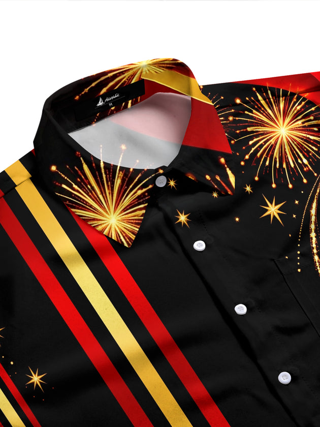Adaychic Men's Striped Fireworks And Striped Ribbons Print Long Sleeve Shirt with Chest Pocket