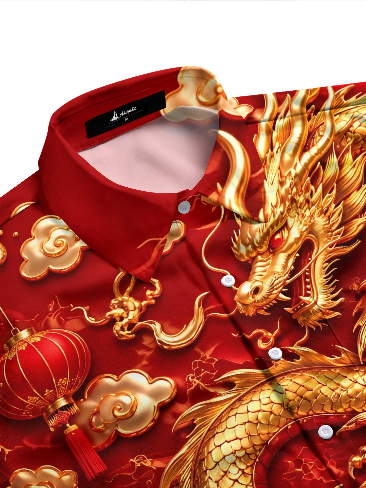 Adaychic Men's Long Sleeve Shirt - Chinese New Year Golden Dragon And Chinese Lanterns Print with Chest Pocket