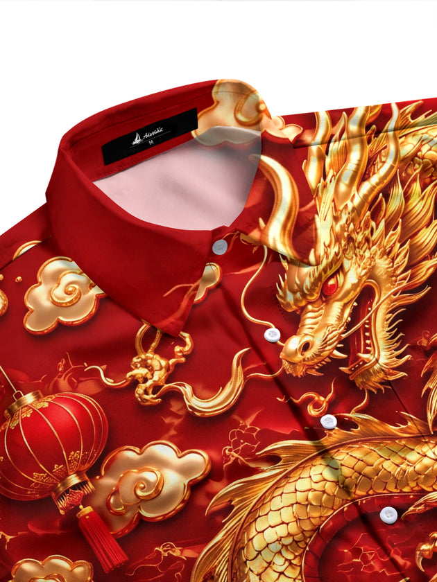 Adaychic Men's Long Sleeve Shirt - Chinese New Year Golden Dragon And Chinese Lanterns Print with Chest Pocket