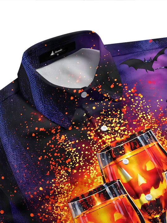 Adaychic Men's Short Sleeve Shirt - Halloween Jack-o-lantern Wine Glasses And Pumpkins Print with Chest Pocket