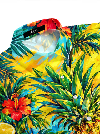 Adaychic Men's Hawaiian Pineapple And Tropical Fruits Print Short Sleeve Shirt with Chest Pocket