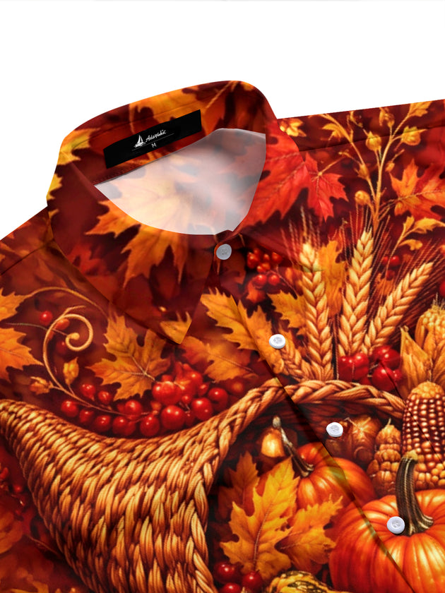 Adaychic Men's Short Sleeve Shirt - Thanksgiving Cornucopia With Pumpkins Corn Apples And Maple Leaves Print with Chest Pocket