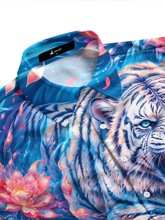 Adaychic Men's Hawaiian White Tiger And Floral Pattern Long Sleeve Shirt with Chest Pocket