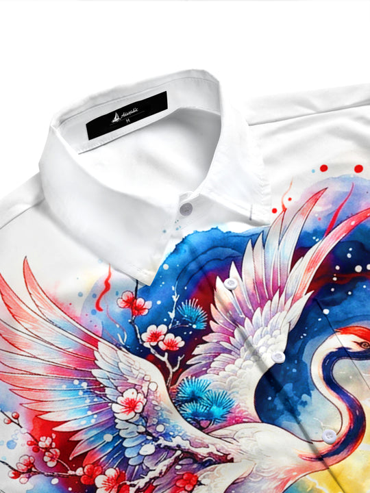 Adaychic Men's Short Sleeve Shirt - Crane And Snake With Mountains And Flowers Print with Chest Pocket