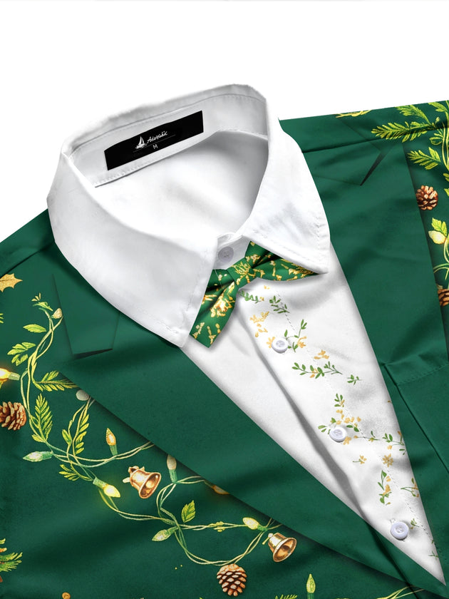 Adaychic Men's Christmas Light Strings And Pine Cones Print Long Sleeve Shirt with Chest Pocket