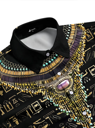 Adaychic Men's Vintage Style Egyptian Hieroglyphs Print Short Sleeve Shirt with Chest Pocket