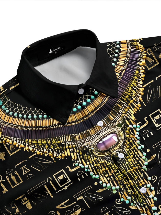 Adaychic Men's Vintage Style Egyptian Hieroglyphs Print Short Sleeve Shirt with Chest Pocket